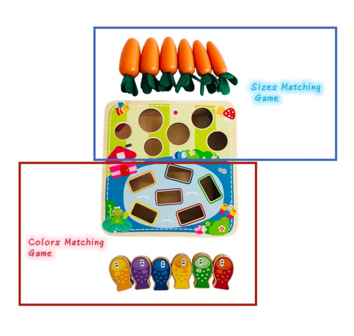 Joc interactiv din lemn, culege morcovi si pescuieste, Montessori, pentru motricitate fina si potrivirea formelor,  2 ani +, EduJucarii [9]
