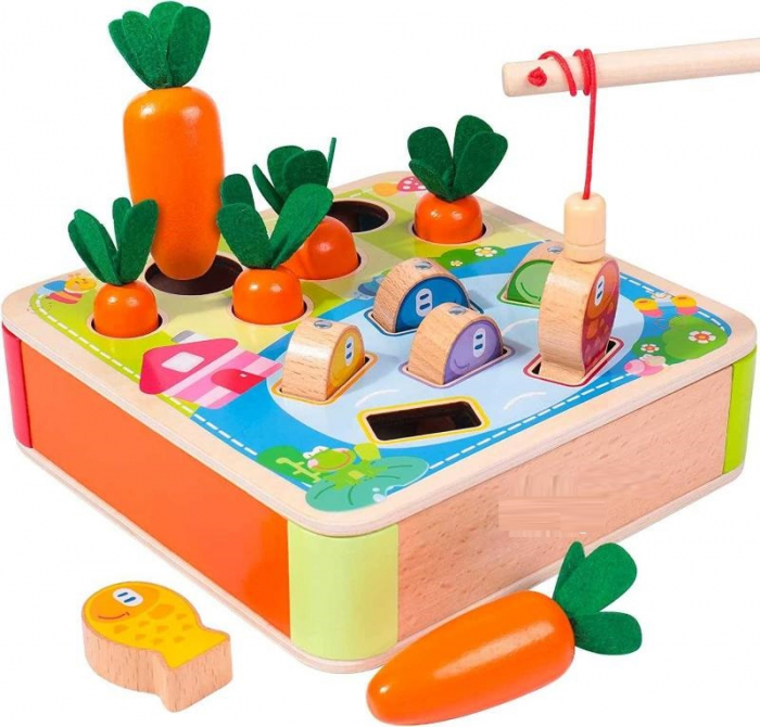 Joc interactiv din lemn, culege morcovi si pescuieste, Montessori, pentru motricitate fina si potrivirea formelor,  2 ani +, EduJucarii [1]
