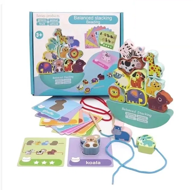 Joc Montessori de echilibru si insiruire cu carduri de asociere, 12 piese de lemn pentru stivuire, Balanced Stacking Beading, Animale, 3 ani, EduJucarii [1]