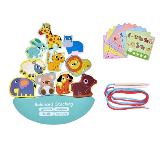 Joc Montessori de echilibru si insiruire cu carduri de asociere, 12 piese de lemn pentru stivuire, Balanced Stacking Beading, Animale, 3 ani, EduJucarii [2]