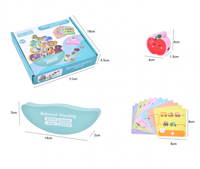 Joc Montessori de echilibru si insiruire cu carduri de asociere, 12 piese de lemn pentru stivuire, Balanced Stacking Beading, Animale, 3 ani, EduJucarii [5]