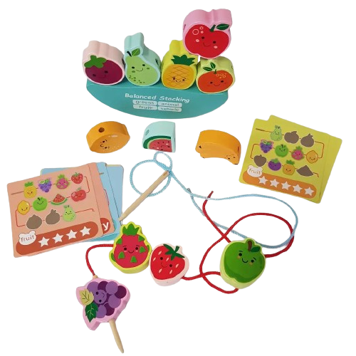 Joc Montessori de echilibru si insiruire cu carduri de asociere, 12 piese de lemn pentru stivuire, Balanced Stacking Beading, Fructe, 3 ani, EduJucarii [3]
