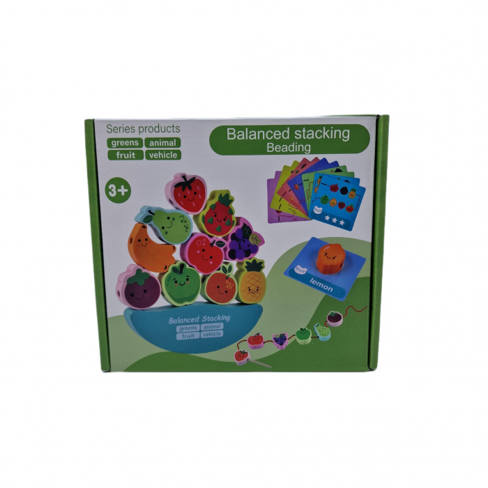 Joc Montessori de echilibru si insiruire cu carduri de asociere, 12 piese de lemn pentru stivuire, Balanced Stacking Beading, Fructe, 3 ani, EduJucarii [6]