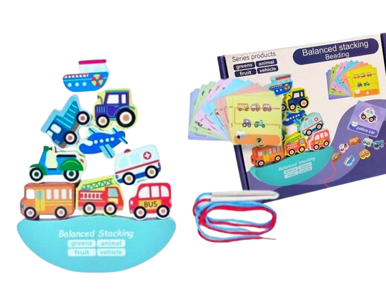 Joc Montessori de echilibru si insiruire cu carduri de asociere, 12 piese de lemn pentru stivuire, Balanced Stacking Beading, Vehicule, 3 ani, EduJucarii [3]