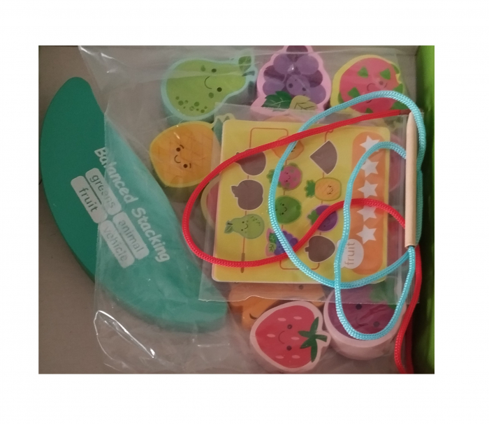 Joc Montessori de echilibru si insiruire cu carduri de asociere, 12 piese de lemn pentru stivuire, Balanced Stacking Beading, Fructe, 3 ani, EduJucarii [5]