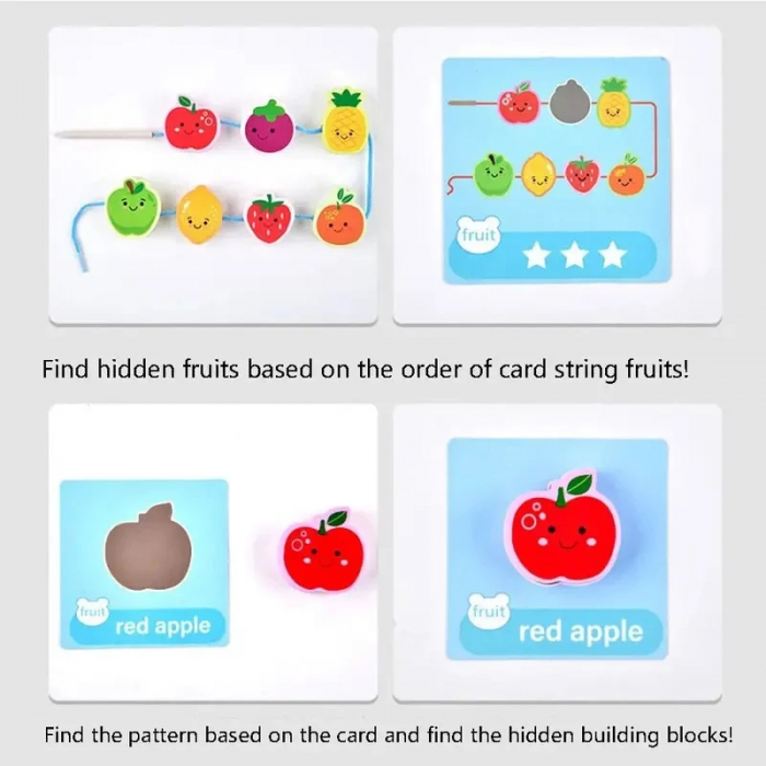 Joc Montessori de echilibru si insiruire cu carduri de asociere, 12 piese de lemn pentru stivuire, Balanced Stacking Beading, Fructe, 3 ani, EduJucarii [4]