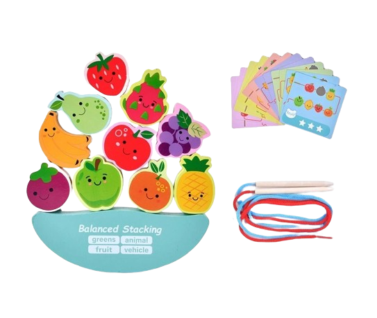 Joc Montessori de echilibru si insiruire cu carduri de asociere, 12 piese de lemn pentru stivuire, Balanced Stacking Beading, Fructe, 3 ani, EduJucarii [1]