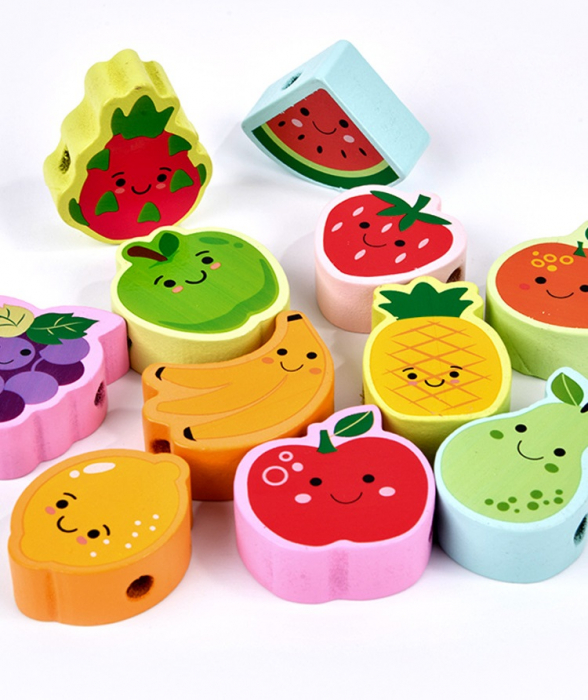 Joc Montessori de echilibru si insiruire cu carduri de asociere, 12 piese de lemn pentru stivuire, Balanced Stacking Beading, Fructe, 3 ani, EduJucarii [2]