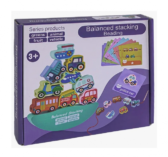 Joc Montessori de echilibru si insiruire cu carduri de asociere, 12 piese de lemn pentru stivuire, Balanced Stacking Beading, Vehicule, 3 ani, EduJucarii [5]