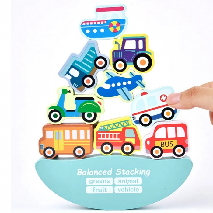 Joc Montessori de echilibru si insiruire cu carduri de asociere, 12 piese de lemn pentru stivuire, Balanced Stacking Beading, Vehicule, 3 ani, EduJucarii [2]