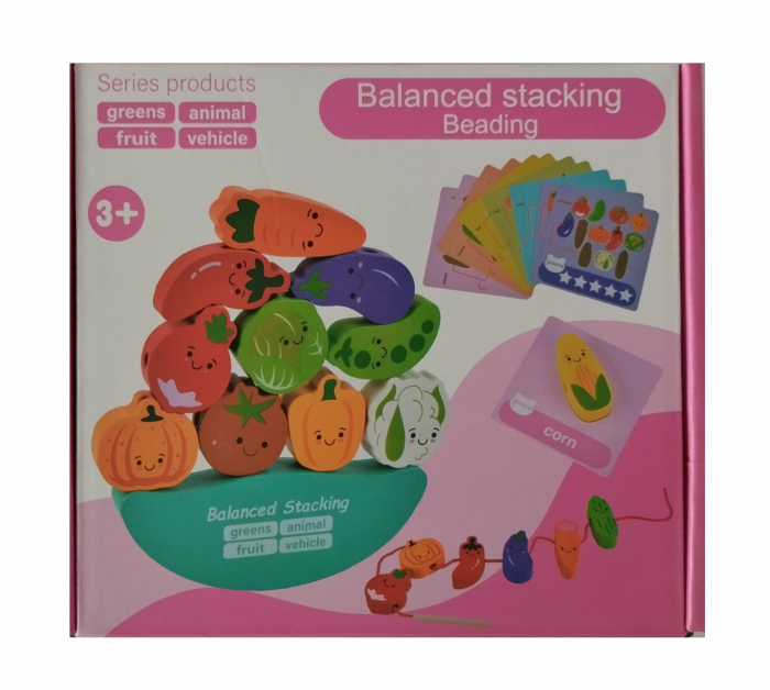 Joc Montessori de echilibru si insiruire cu carduri de asociere, 12 piese de lemn pentru stivuire, Balanced Stacking Beading, Legume, 3 ani, EduJucarii [6]