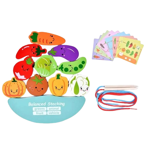 Joc Montessori de echilibru si insiruire cu carduri de asociere, 12 piese de lemn pentru stivuire, Balanced Stacking Beading, Legume, 3 ani, EduJucarii [1]