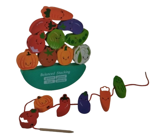 Joc Montessori de echilibru si insiruire cu carduri de asociere, 12 piese de lemn pentru stivuire, Balanced Stacking Beading, Legume, 3 ani, EduJucarii [4]