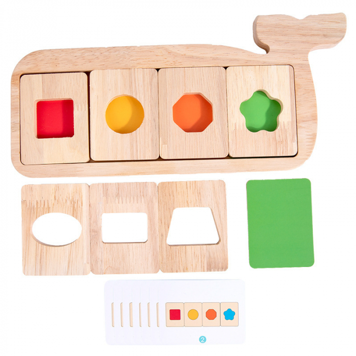 Joc Montessori de recunoastere,  asociere culori si forme geometrice, Piosso Balena, lemn, 18 luni +, Edujucarii [8]