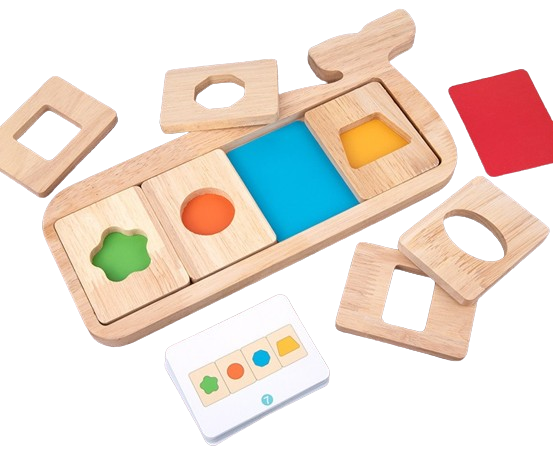 Joc Montessori de recunoastere,  asociere culori si forme geometrice, Piosso Balena, lemn, 18 luni +, Edujucarii [1]