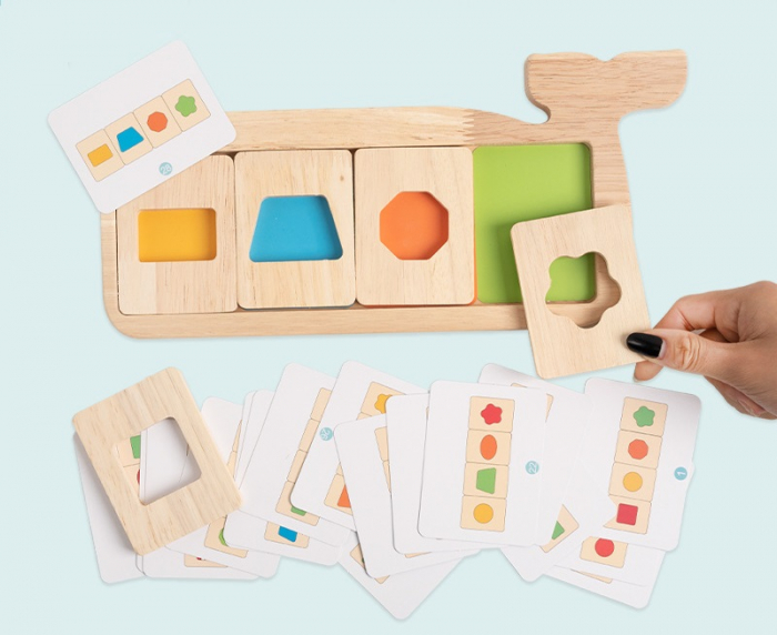 Joc Montessori de recunoastere,  asociere culori si forme geometrice, Piosso Balena, lemn, 18 luni +, Edujucarii [9]