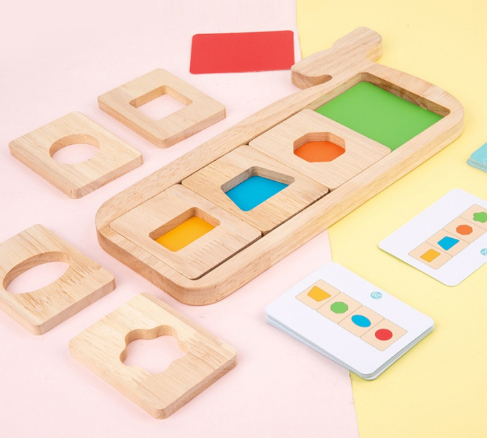 Joc Montessori de recunoastere,  asociere culori si forme geometrice, Piosso Balena, lemn, 18 luni +, Edujucarii [11]