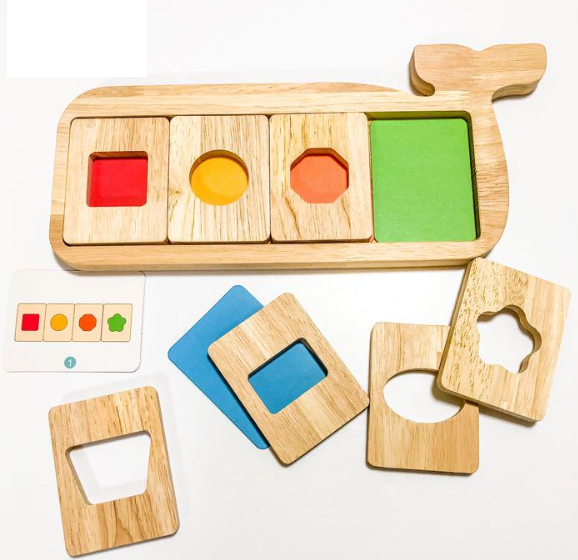 Joc Montessori de recunoastere,  asociere culori si forme geometrice, Piosso Balena, lemn, 18 luni +, Edujucarii [3]