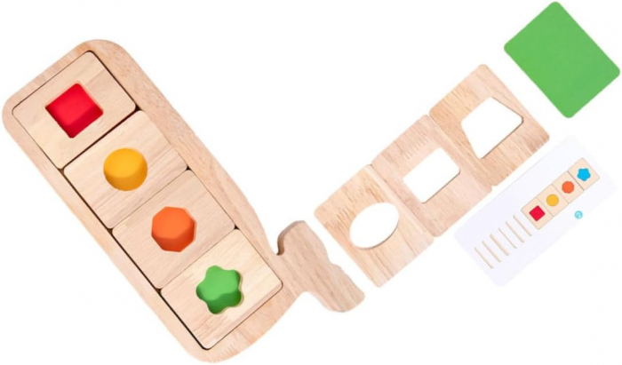 Joc Montessori de recunoastere,  asociere culori si forme geometrice, Piosso Balena, lemn, 18 luni +, Edujucarii [12]
