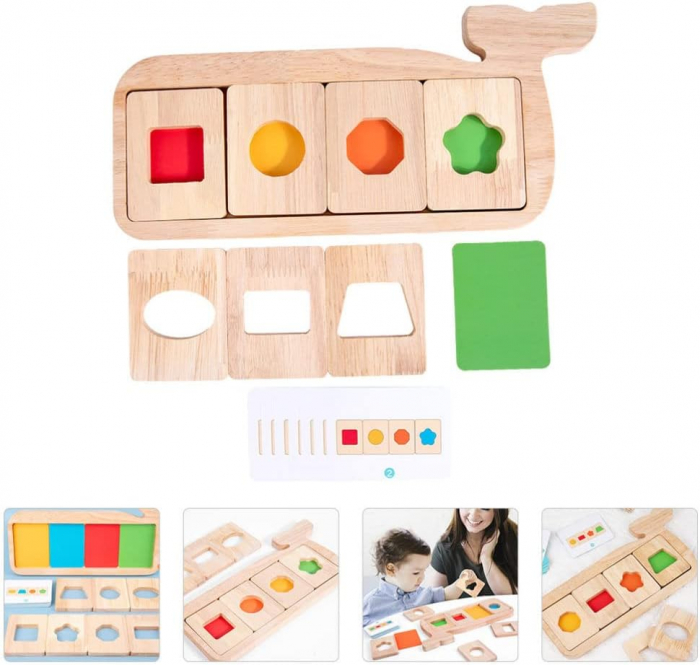 Joc Montessori de recunoastere,  asociere culori si forme geometrice, Piosso Balena, lemn, 18 luni +, Edujucarii [6]