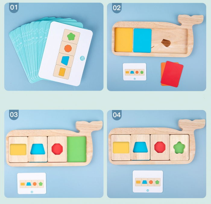 Joc Montessori de recunoastere,  asociere culori si forme geometrice, Piosso Balena, lemn, 18 luni +, Edujucarii [10]