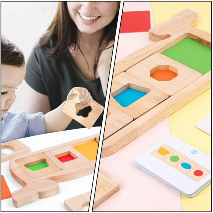 Joc Montessori de recunoastere,  asociere culori si forme geometrice, Piosso Balena, lemn, 18 luni +, Edujucarii [7]