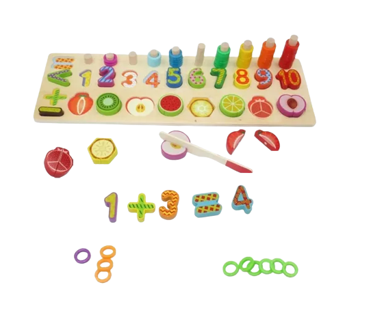 Joc multifunctional tip Montessori din lemn logaritmic cu cerculete multicolore pt cantitate, numere, semne matematice, fructe si cutit de feliat, Fruit Matching, 78 piese [2]