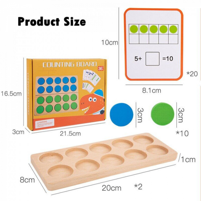 Joc pentru dezvoltarea abilitatilor matematice, Counting Board, jucarie educationala pentru copii prescolari, Jucarie Montessori pentru copii cu invatare timpurie, 20 de carduri cu imagini si 20 jetoa [3]