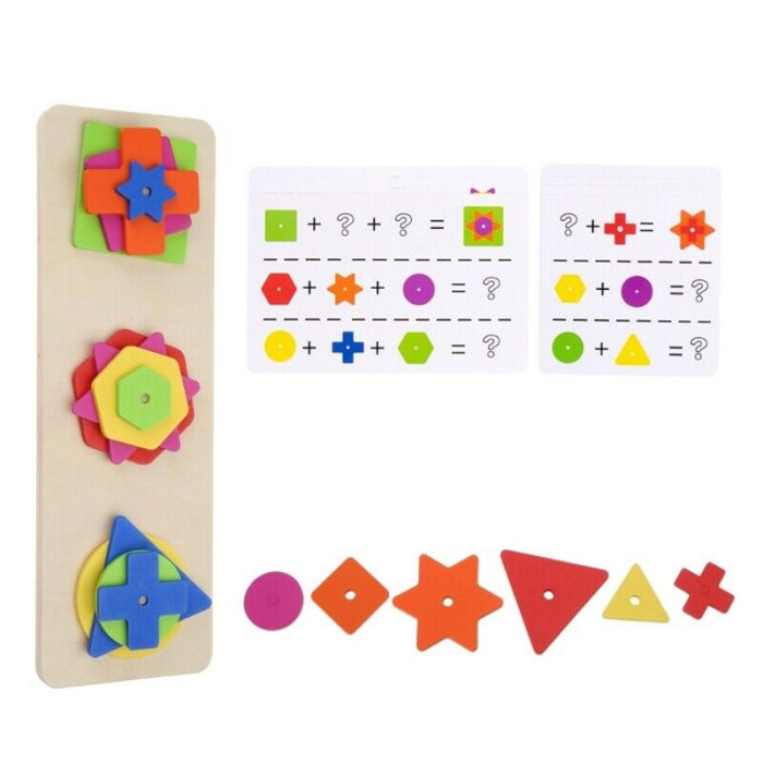 Joc pentru stimularea inteligentei, 3 coloane forme geometrice, Montessori, lemn, 3 ani+ [6]