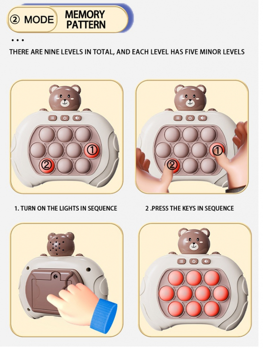 Joc Pop It electronic, interactiv, consola pentru copii si adulti, Antistres, Sunete si Lumini, Portabil, multe Niveluri, 4 Moduri, Multiplayer, Memorie, Score Mode, Squeeze Poppet, Antistres, Urs [7]