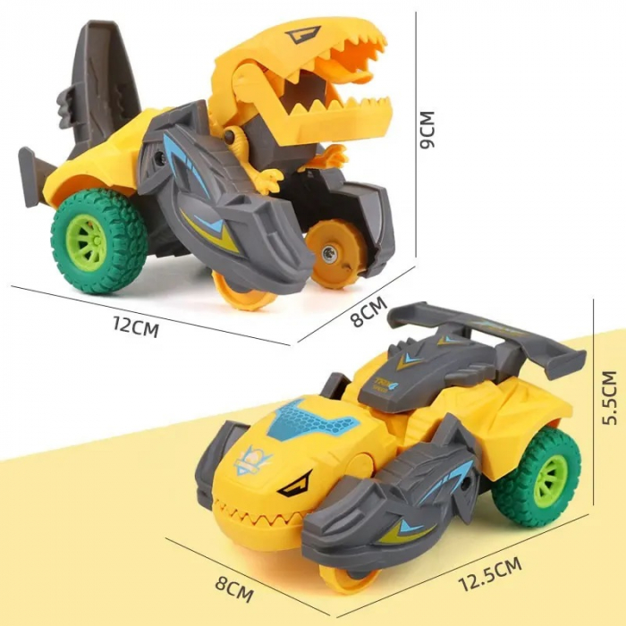 Jucarie 2 in 1, dinozaur rotativ transformabil automat pe baza de inertie in masina, galben, 3 ani +, Edujucarii [2]