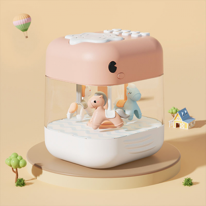 Jucarie 2 in 1, Toba interactiva si carusel muzical pentru bebe cu lumini si sunete, lampa de veghe, incarcare USB, conectare bleutooth, roz, Edujucarii [11]