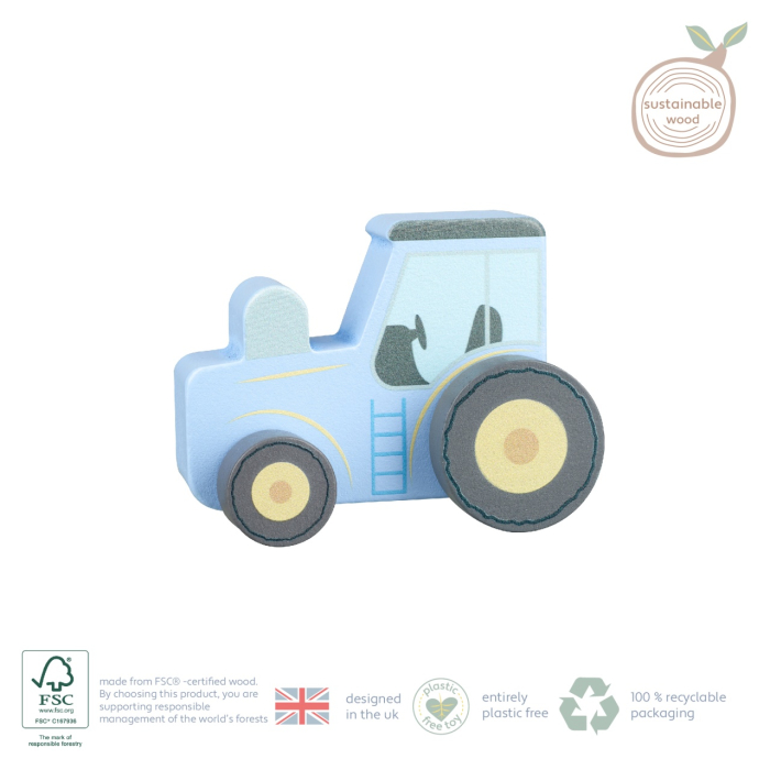 Jucarie de impins Tractor albastru din lemn, Orange Tree Toys [3]