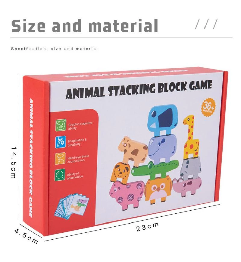 Jucarie educativa Montessori pentru copii, set 10 figurine de lemn pentru stivuire, Animal Stacking block game, 3 ani [9]