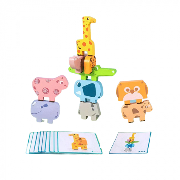 Jucarie educativa Montessori pentru copii, set 10 figurine de lemn pentru stivuire, Animal Stacking block game, 3 ani [6]