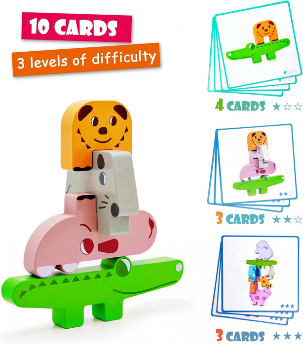 Jucarie educativa Montessori pentru copii, set 10 figurine de lemn pentru stivuire, Animal Stacking block game, 3 ani [10]
