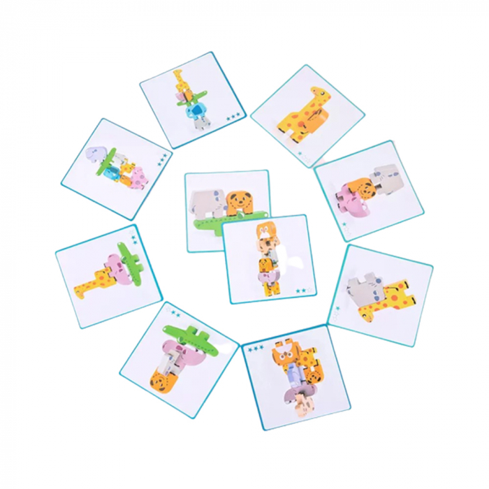 Jucarie educativa Montessori pentru copii, set 10 figurine de lemn pentru stivuire, Animal Stacking block game, 3 ani [7]