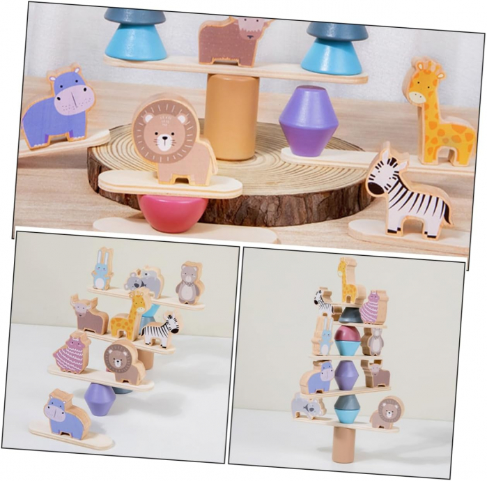 Jucarie educativa Montessori pentru copii, set 24 piese figurine si forme de lemn pentru stivuire, Animal Balance Jenga, 3 ani, Edujucarii [7]