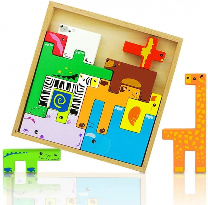 Joc educativ, Tetris animale, 10 figurine de lemn pentru stivuire si asamblare, Montessori, Animal Creative JigSaw, 3 ani, EduJucarii [1]