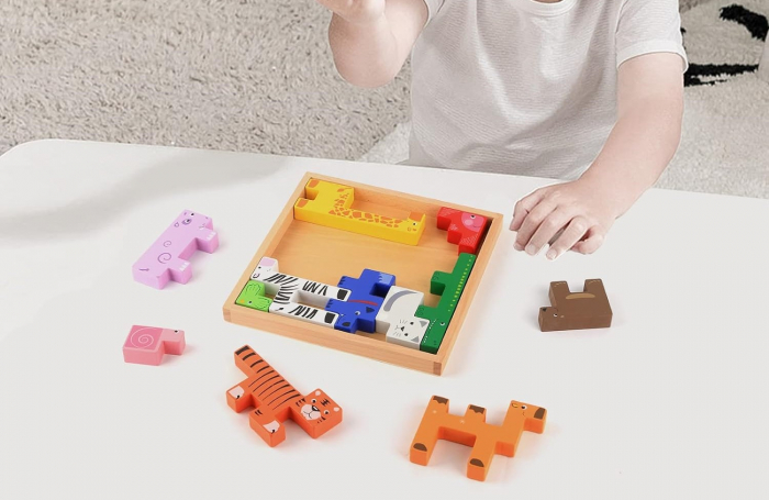 Joc educativ, Tetris animale, 10 figurine de lemn pentru stivuire si asamblare, Montessori, Animal Creative JigSaw, 3 ani, EduJucarii [11]