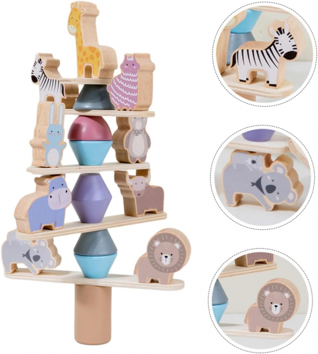 Jucarie educativa Montessori pentru copii, set 24 piese figurine si forme de lemn pentru stivuire, Animal Balance Jenga, 3 ani, Edujucarii [3]