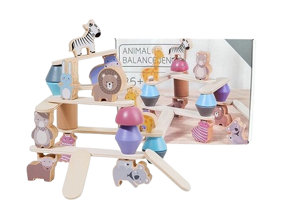 Jucarie educativa Montessori pentru copii, set 24 piese figurine si forme de lemn pentru stivuire, Animal Balance Jenga, 3 ani, Edujucarii [2]