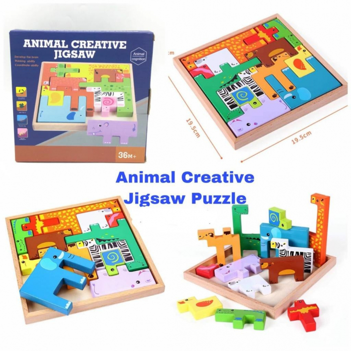Joc educativ, Tetris animale, 10 figurine de lemn pentru stivuire si asamblare, Montessori, Animal Creative JigSaw, 3 ani, EduJucarii [9]