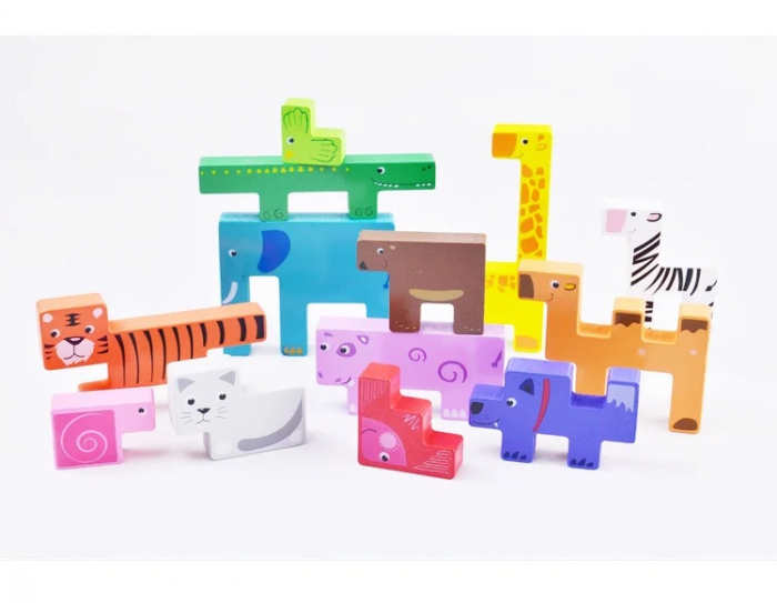 Joc educativ, Tetris animale, 10 figurine de lemn pentru stivuire si asamblare, Montessori, Animal Creative JigSaw, 3 ani, EduJucarii [7]