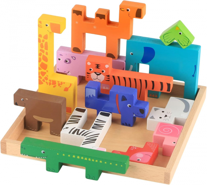 Joc educativ, Tetris animale, 10 figurine de lemn pentru stivuire si asamblare, Montessori, Animal Creative JigSaw, 3 ani, EduJucarii [3]