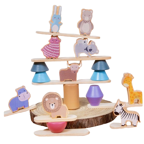 Jucarie educativa Montessori pentru copii, set 24 piese figurine si forme de lemn pentru stivuire, Animal Balance Jenga, 3 ani, Edujucarii [9]