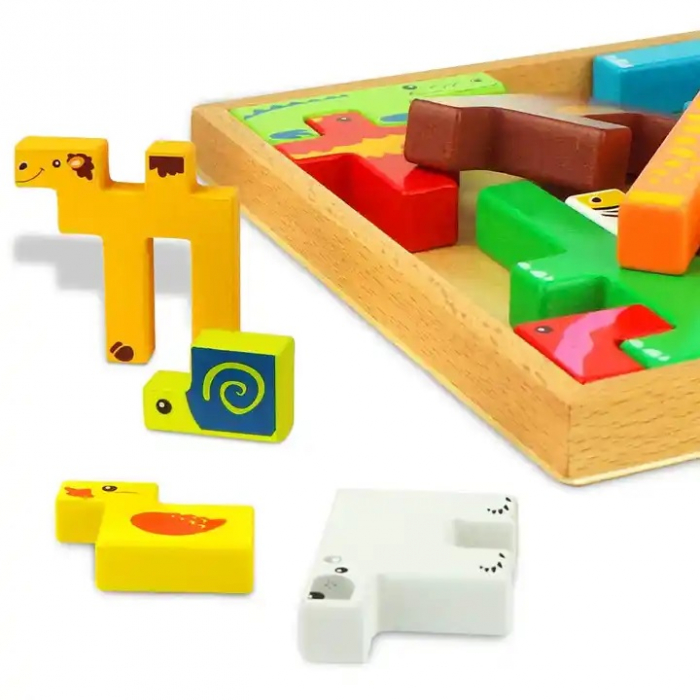 Joc educativ, Tetris animale, 10 figurine de lemn pentru stivuire si asamblare, Montessori, Animal Creative JigSaw, 3 ani, EduJucarii [5]