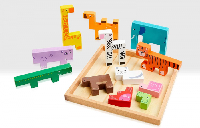 Joc educativ, Tetris animale, 10 figurine de lemn pentru stivuire si asamblare, Montessori, Animal Creative JigSaw, 3 ani, EduJucarii [4]