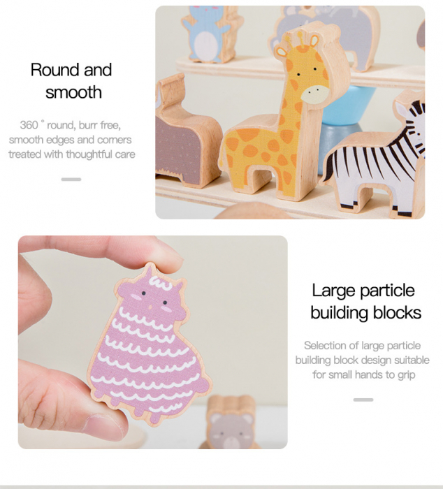 Jucarie educativa Montessori pentru copii, set 24 piese figurine si forme de lemn pentru stivuire, Animal Balance Jenga, 3 ani, Edujucarii [6]