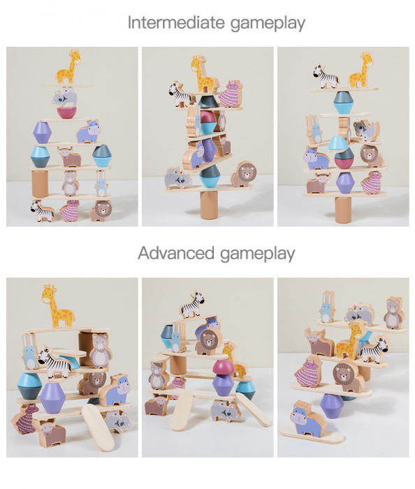 Jucarie educativa Montessori pentru copii, set 24 piese figurine si forme de lemn pentru stivuire, Animal Balance Jenga, 3 ani, Edujucarii [5]